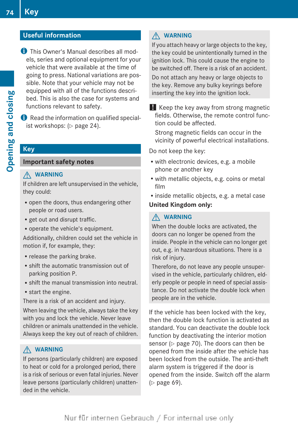 Opening and closing, Useful information, Important safety notes | Mercedes-Benz 2012 A Class User Manual | Page 76 / 356