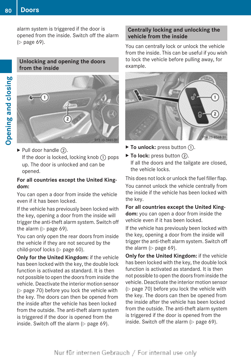 Unlocking and opening the doors from the inside, Opening and closing, Doors | Mercedes-Benz 2012 A Class User Manual | Page 82 / 356