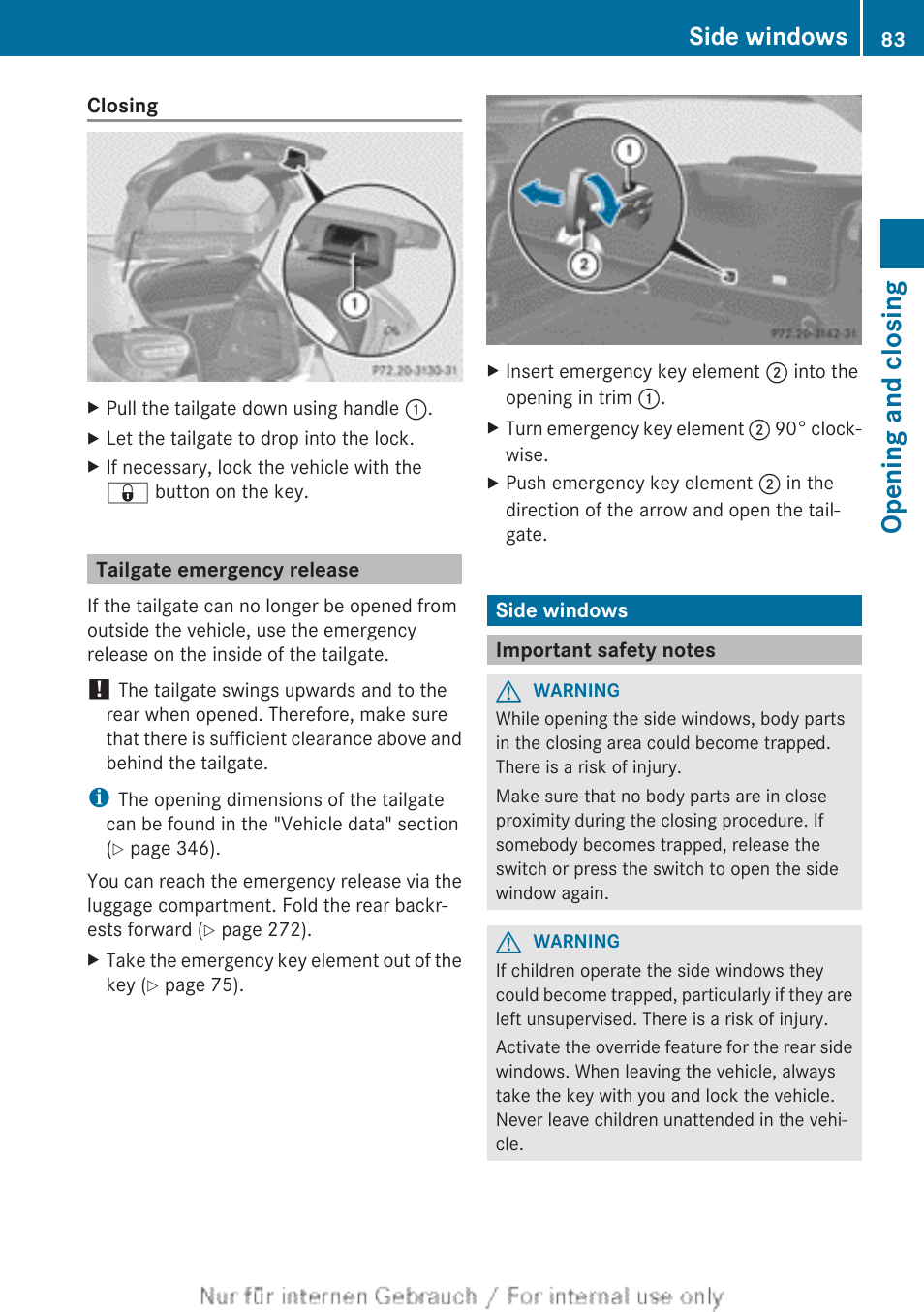 Tailgate emergency release, Side windows, Important safety notes | Opening and closing | Mercedes-Benz 2012 A Class User Manual | Page 85 / 356