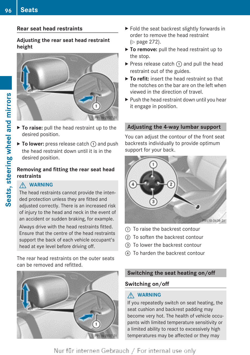 Adjusting the 4-way lumbar support, Switching the seat heating on/off, Seats, steering wheel and mirrors | Seats | Mercedes-Benz 2012 A Class User Manual | Page 98 / 356