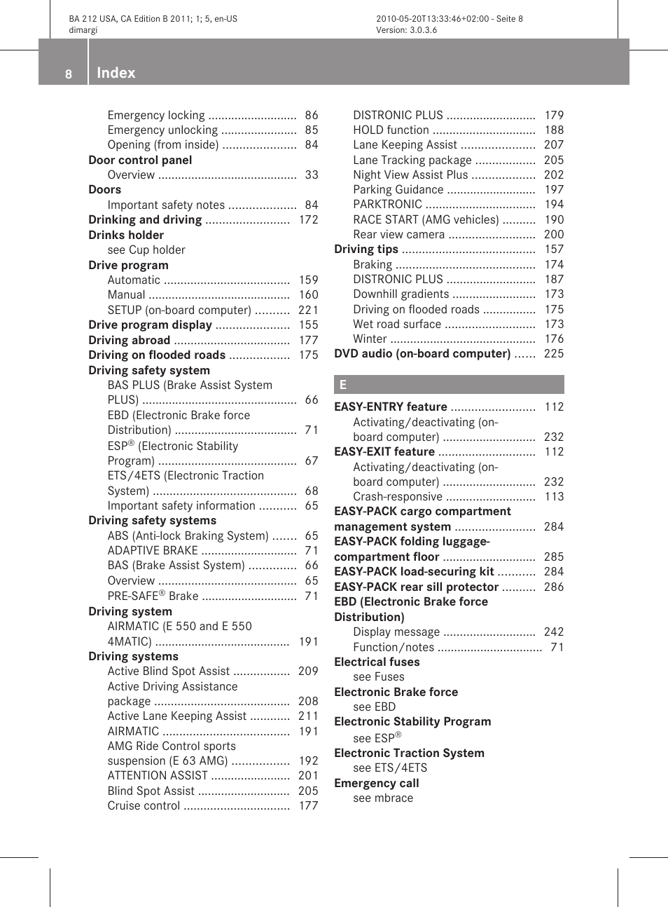 Index | Mercedes-Benz 2011 E Class Sedan User Manual | Page 10 / 400