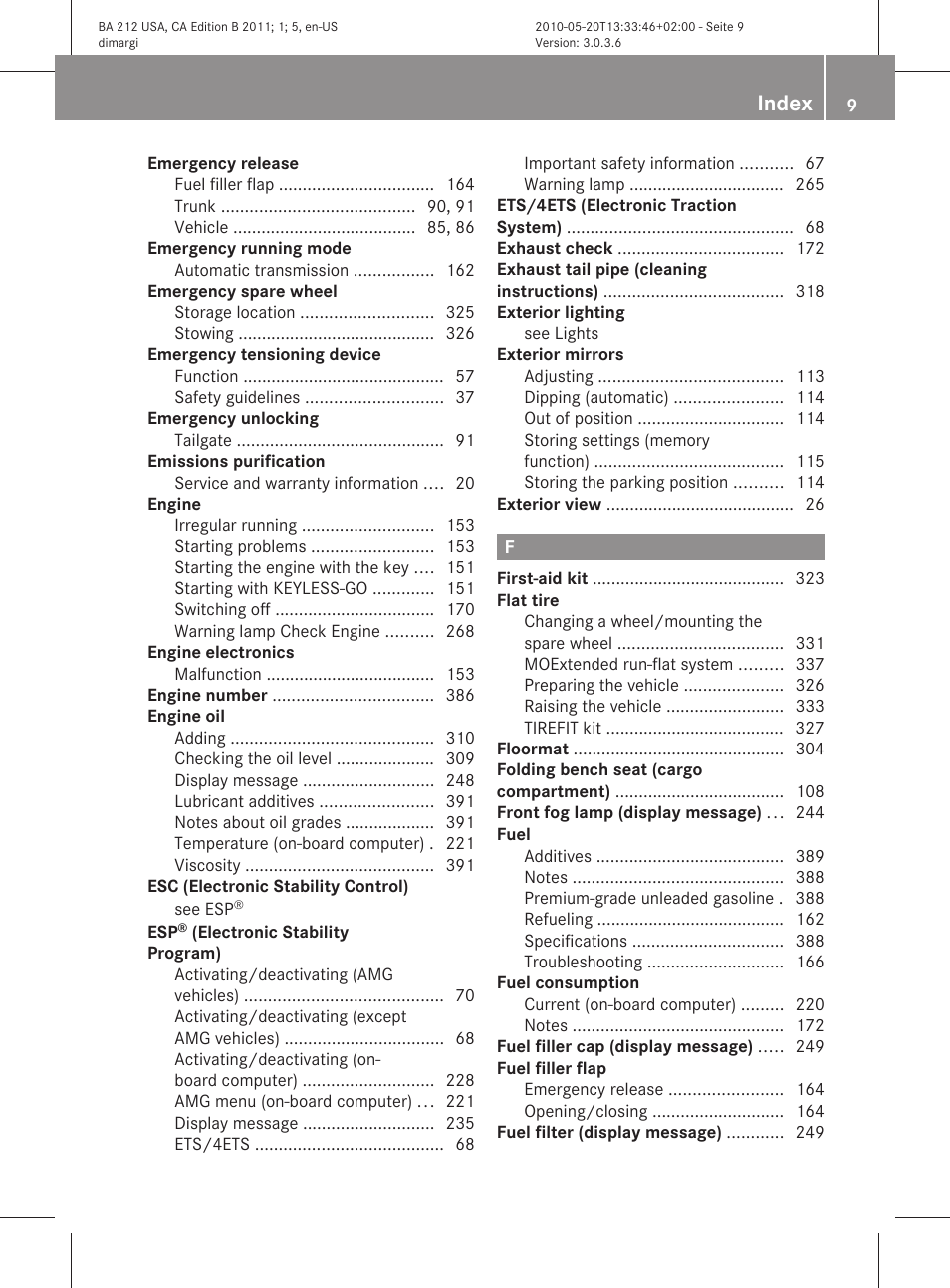 Index | Mercedes-Benz 2011 E Class Sedan User Manual | Page 11 / 400