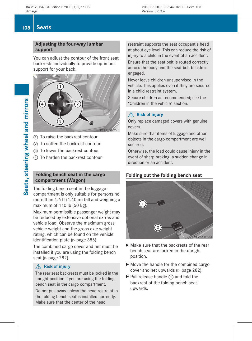 Adjusting the four-way lumbar support, Seats, steering wheel and mirrors, Seats | Mercedes-Benz 2011 E Class Sedan User Manual | Page 110 / 400