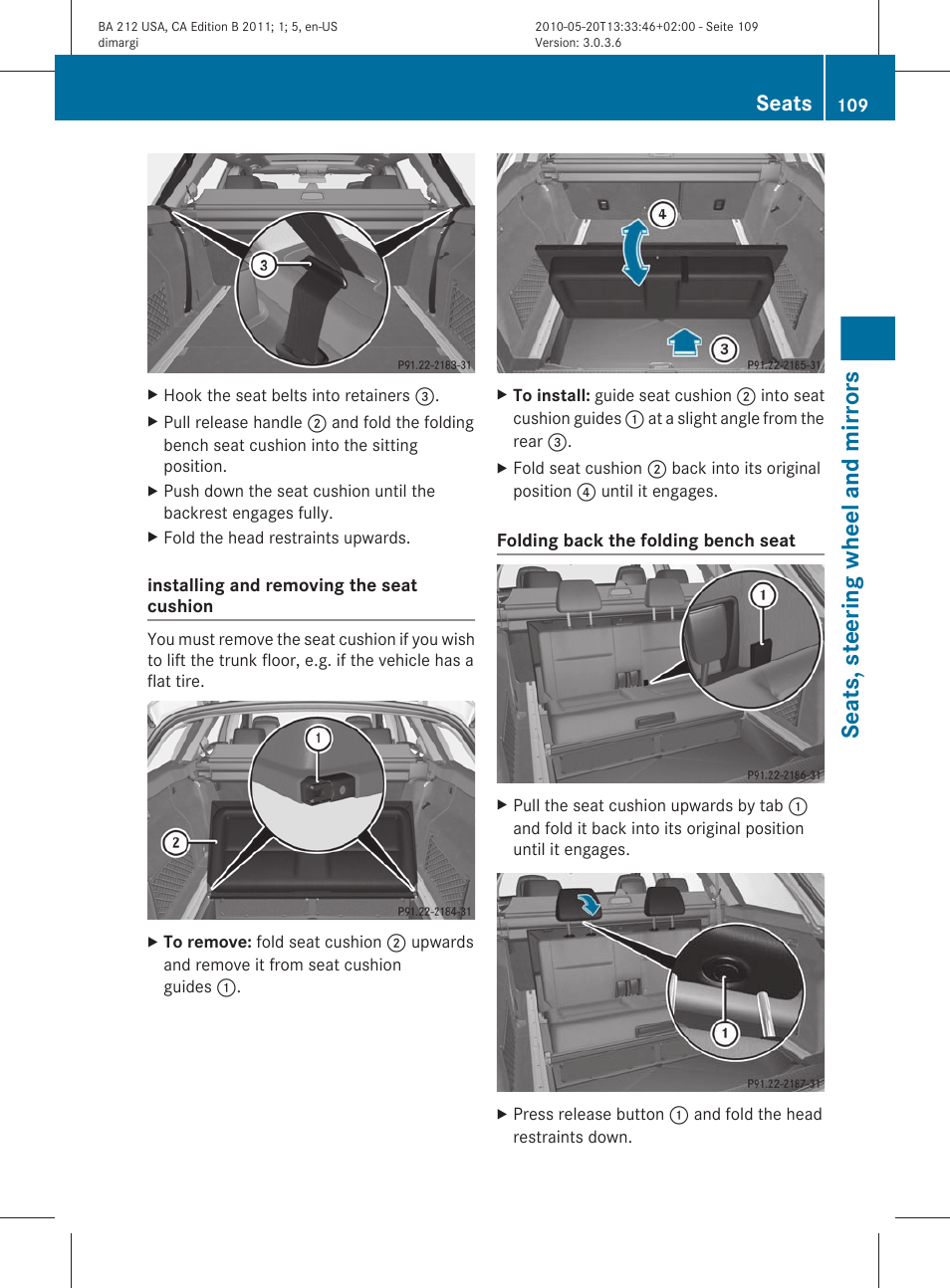 Seats, steering wheel and mirrors, Seats | Mercedes-Benz 2011 E Class Sedan User Manual | Page 111 / 400