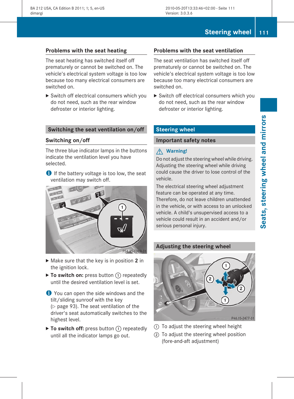 Switching the seat ventilation on/off, Steering wheel, Important safety notes | Adjusting the steering wheel, Seats, steering wheel and mirrors | Mercedes-Benz 2011 E Class Sedan User Manual | Page 113 / 400