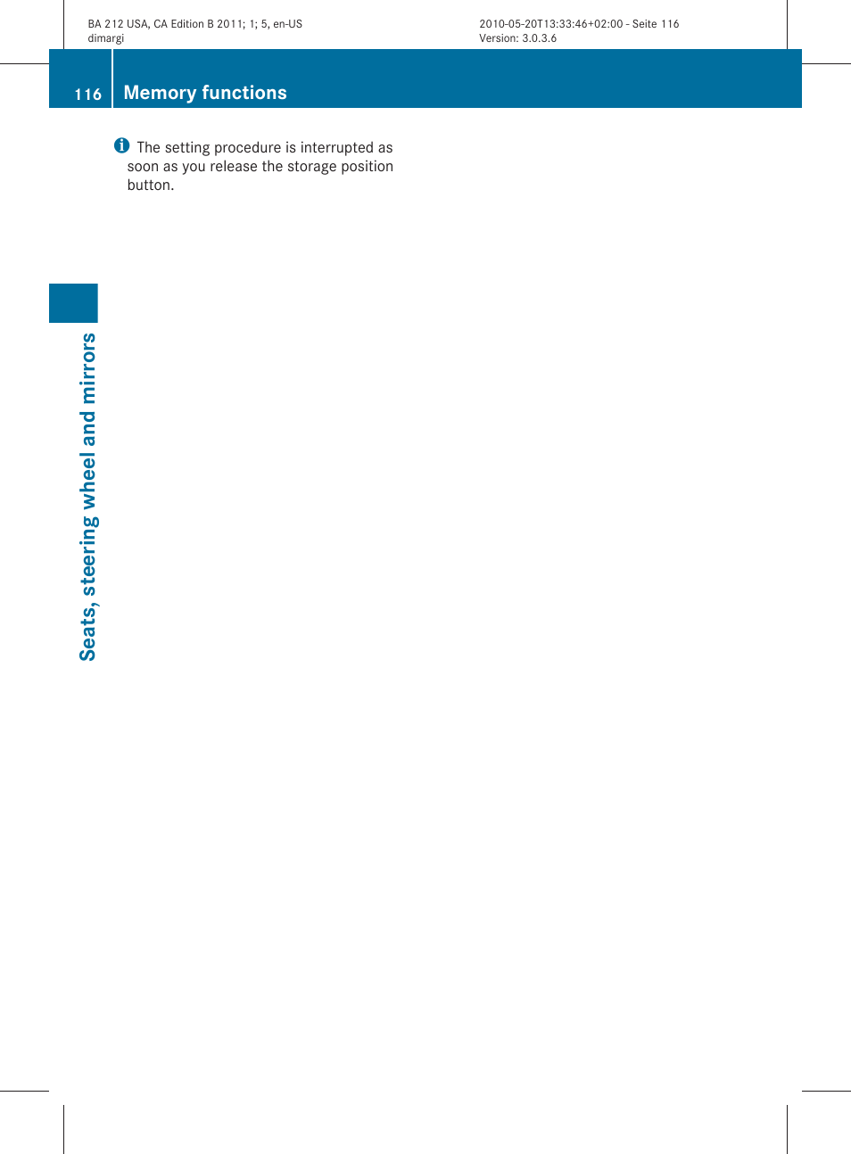 Seats, steering wheel and mirrors | Mercedes-Benz 2011 E Class Sedan User Manual | Page 118 / 400