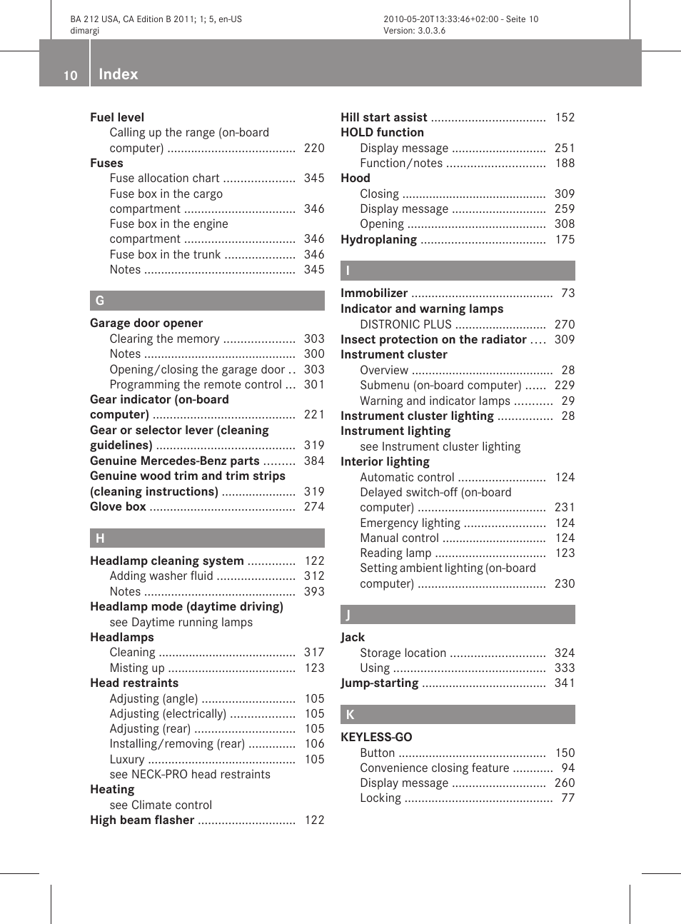 Index | Mercedes-Benz 2011 E Class Sedan User Manual | Page 12 / 400