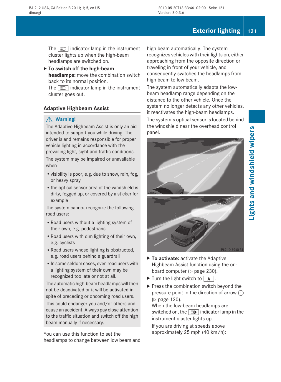 Lights and windshield wipers, Exterior lighting | Mercedes-Benz 2011 E Class Sedan User Manual | Page 123 / 400