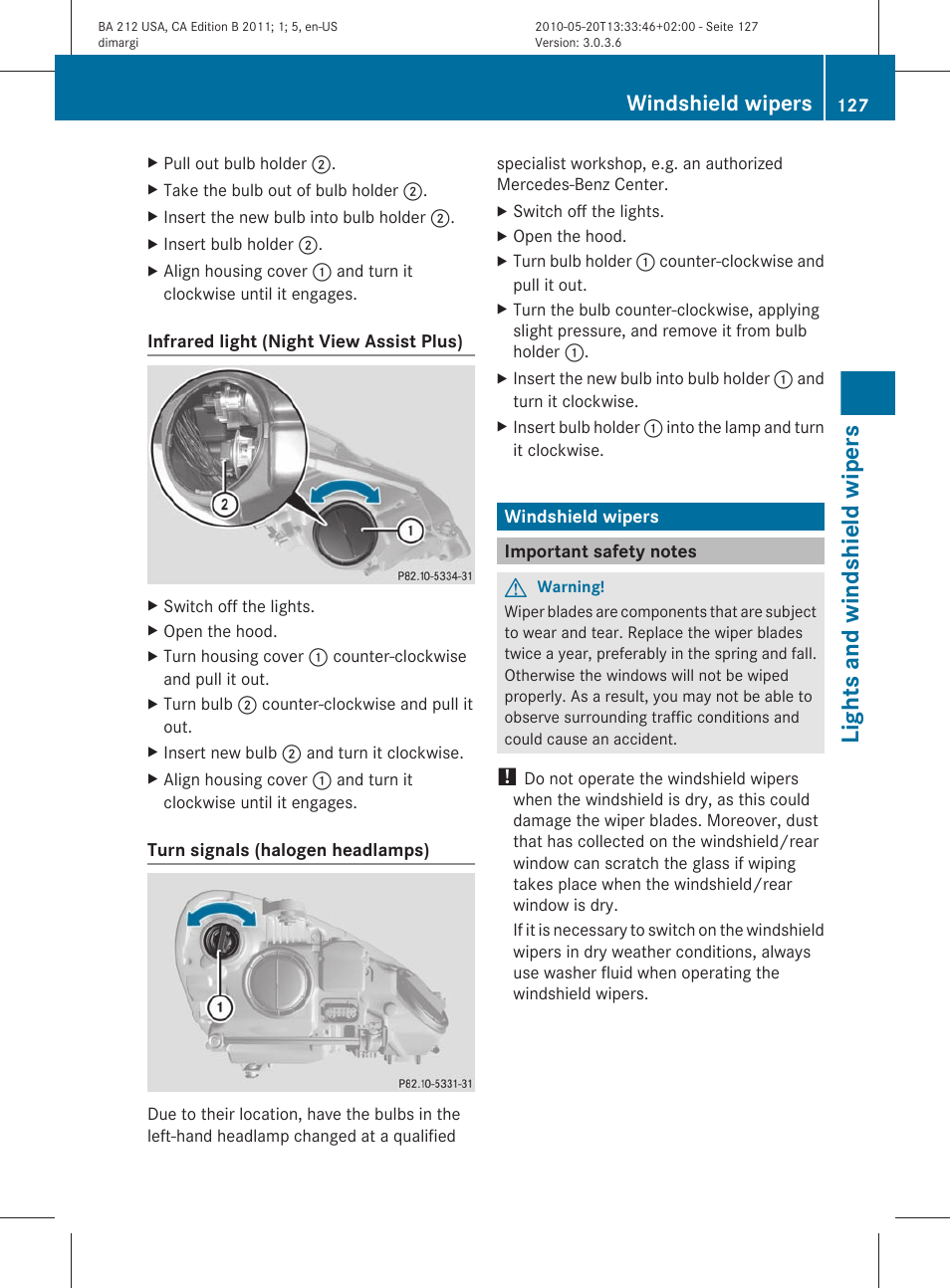 Windshield wipers, Important safety notes, Lights and windshield wipers | Mercedes-Benz 2011 E Class Sedan User Manual | Page 129 / 400