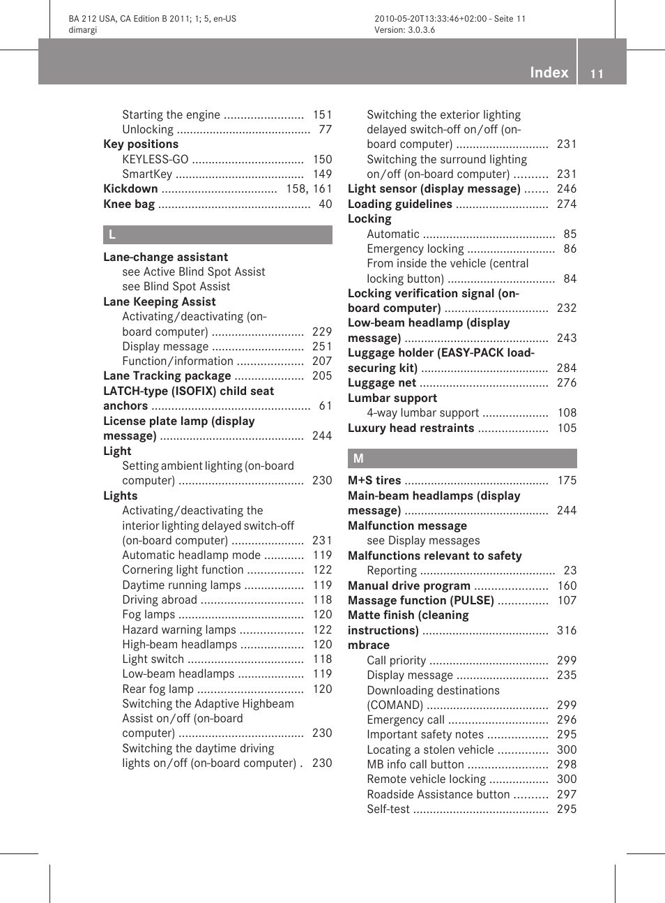 Index | Mercedes-Benz 2011 E Class Sedan User Manual | Page 13 / 400