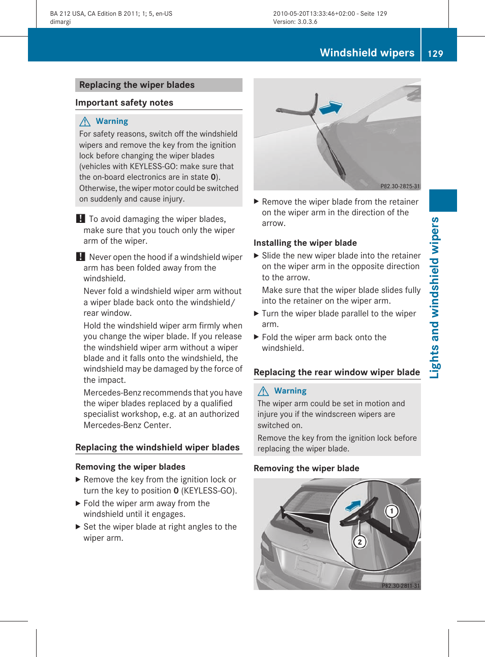 Replacing the wiper blades, Lights and windshield wipers, Windshield wipers | Mercedes-Benz 2011 E Class Sedan User Manual | Page 131 / 400