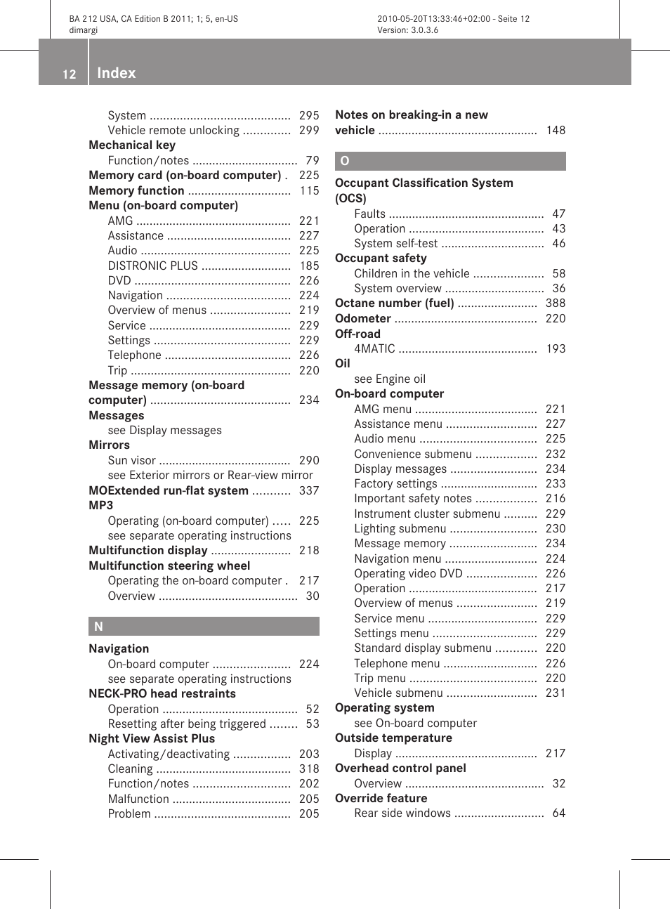 Index | Mercedes-Benz 2011 E Class Sedan User Manual | Page 14 / 400