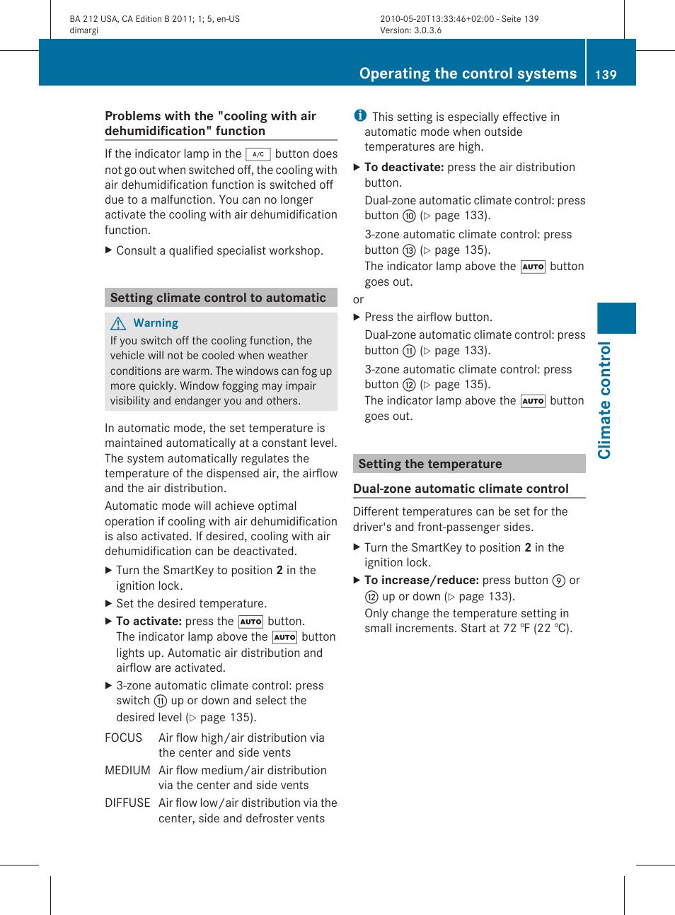 Setting climate control to automatic, Setting the temperature, Climate control | Operating the control systems | Mercedes-Benz 2011 E Class Sedan User Manual | Page 141 / 400