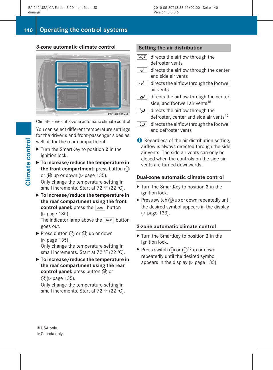 Setting the air distribution, Climate control, Operating the control systems | Mercedes-Benz 2011 E Class Sedan User Manual | Page 142 / 400