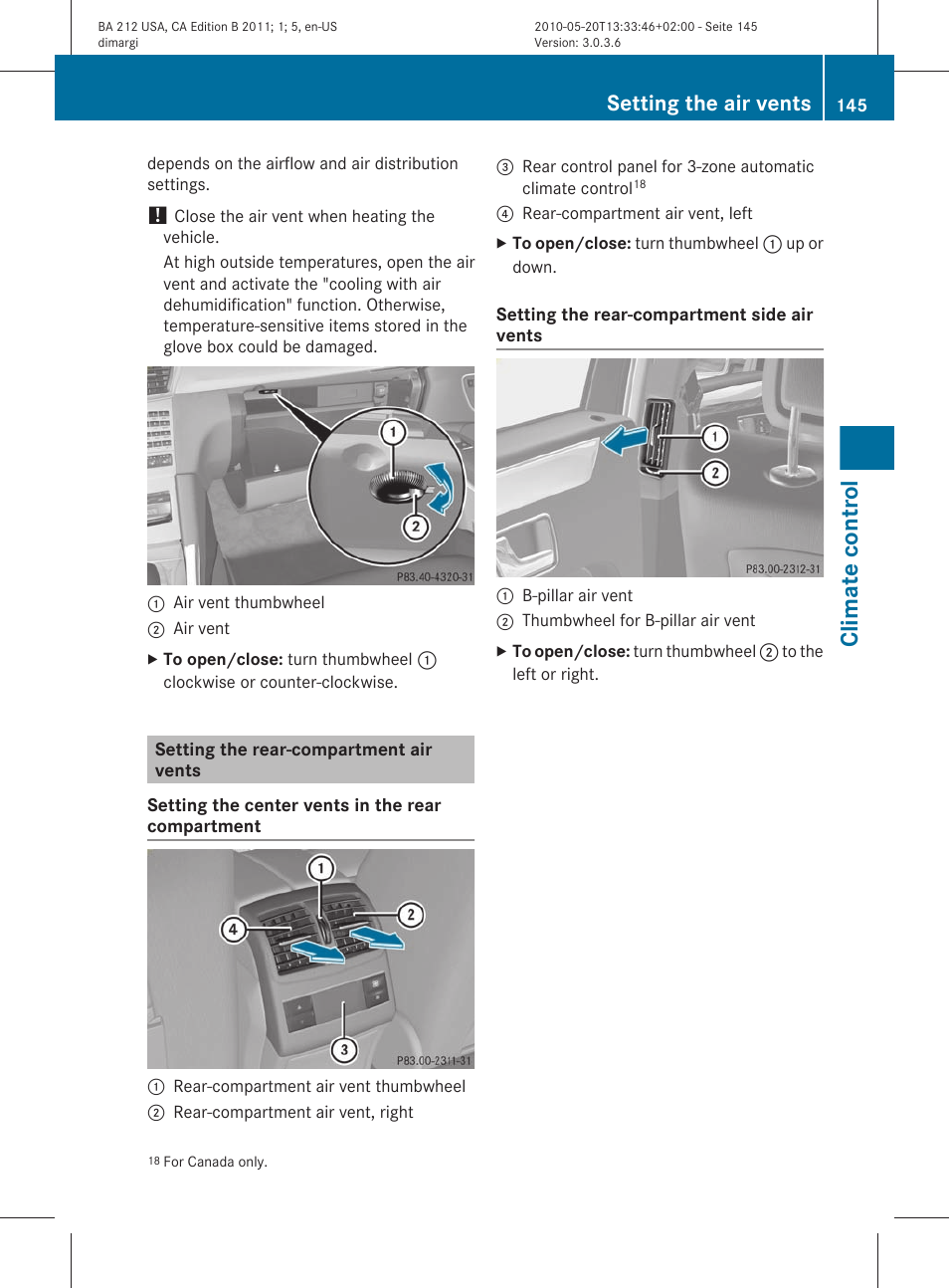 Setting the rear-compartment air vents, Climate control, Setting the air vents | Mercedes-Benz 2011 E Class Sedan User Manual | Page 147 / 400