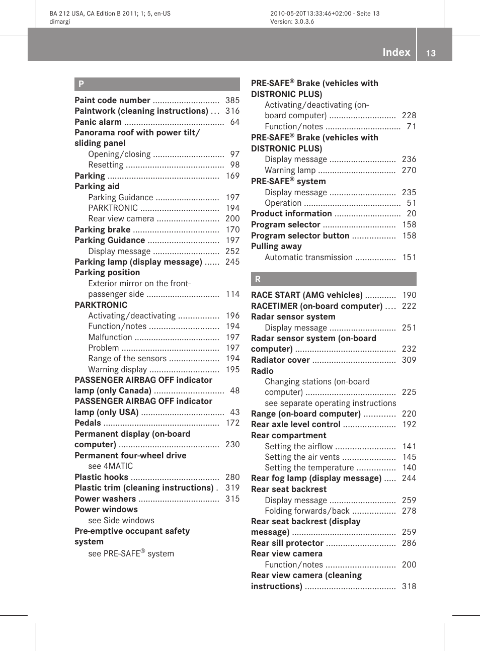 Index | Mercedes-Benz 2011 E Class Sedan User Manual | Page 15 / 400