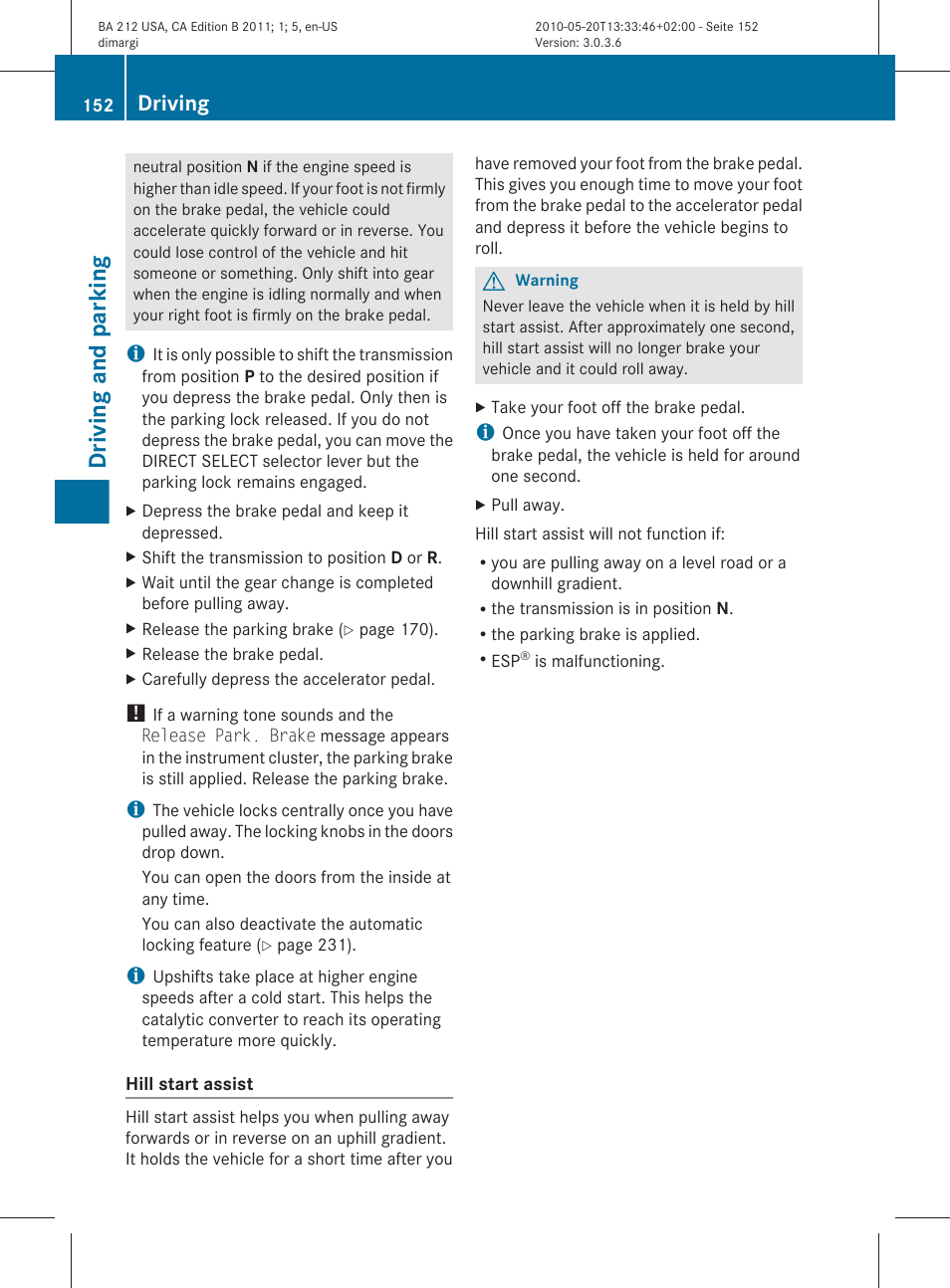 Driving and parking, Driving | Mercedes-Benz 2011 E Class Sedan User Manual | Page 154 / 400