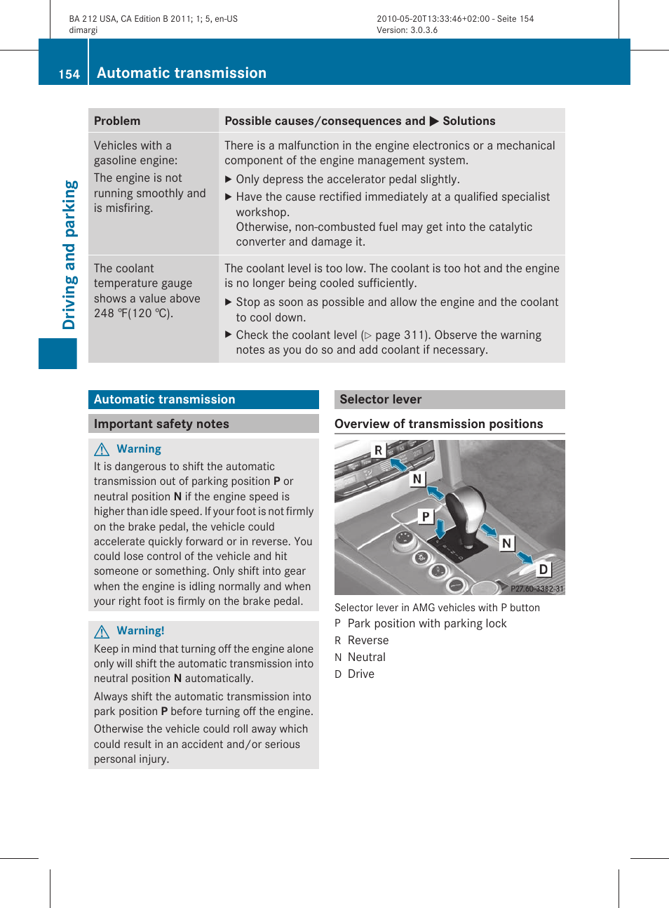 Automatic transmission, Important safety notes, Selector lever | Driving and parking | Mercedes-Benz 2011 E Class Sedan User Manual | Page 156 / 400