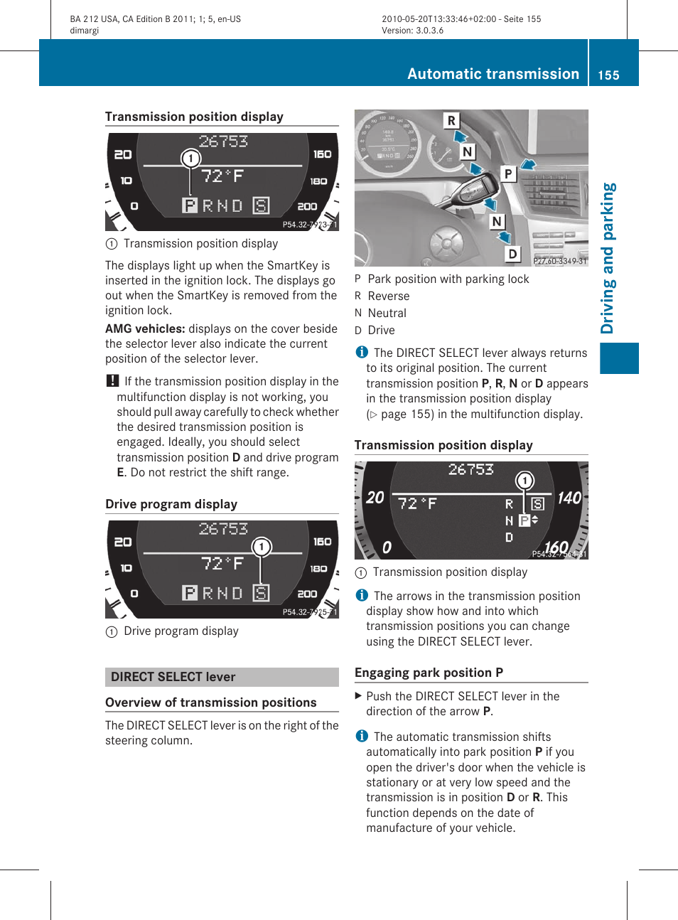 Direct select lever, Driving and parking, Automatic transmission | Mercedes-Benz 2011 E Class Sedan User Manual | Page 157 / 400