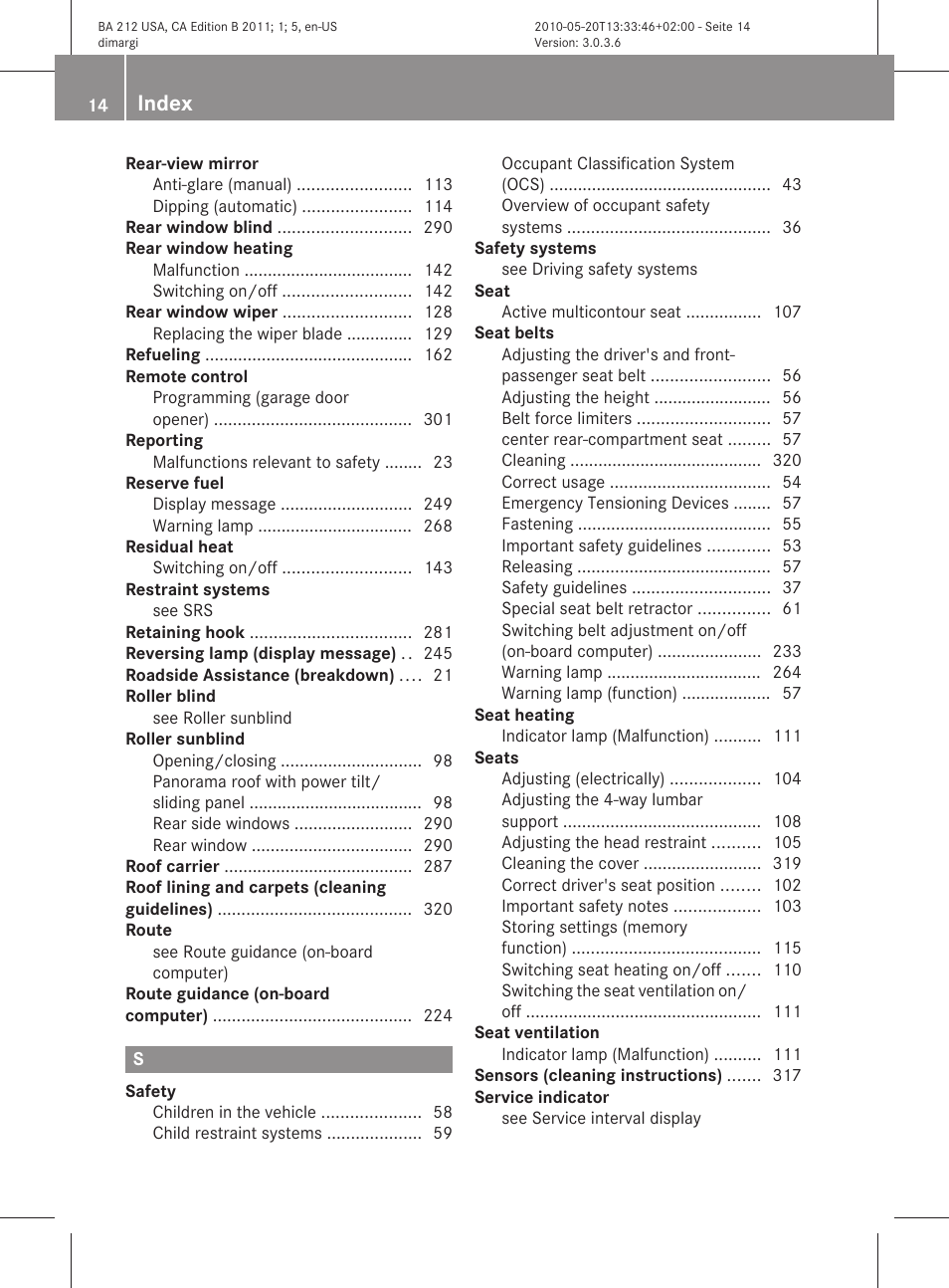 Index | Mercedes-Benz 2011 E Class Sedan User Manual | Page 16 / 400