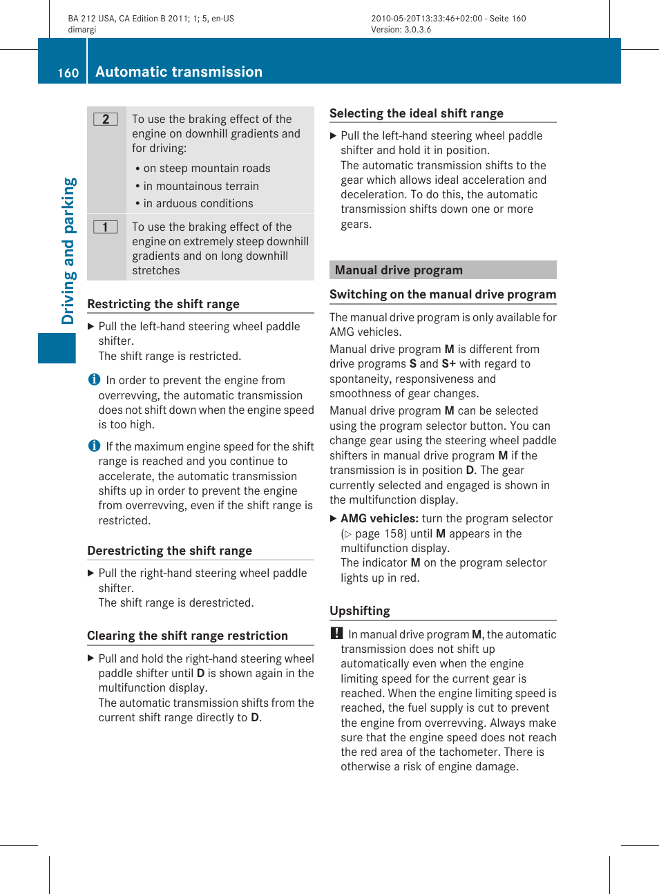 Manual drive program, Driving and parking, Automatic transmission | Mercedes-Benz 2011 E Class Sedan User Manual | Page 162 / 400