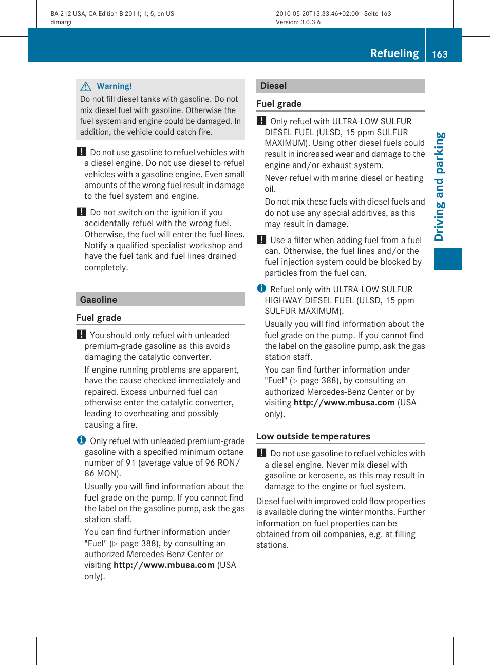 Gasoline, Diesel, Driving and parking | Refueling | Mercedes-Benz 2011 E Class Sedan User Manual | Page 165 / 400