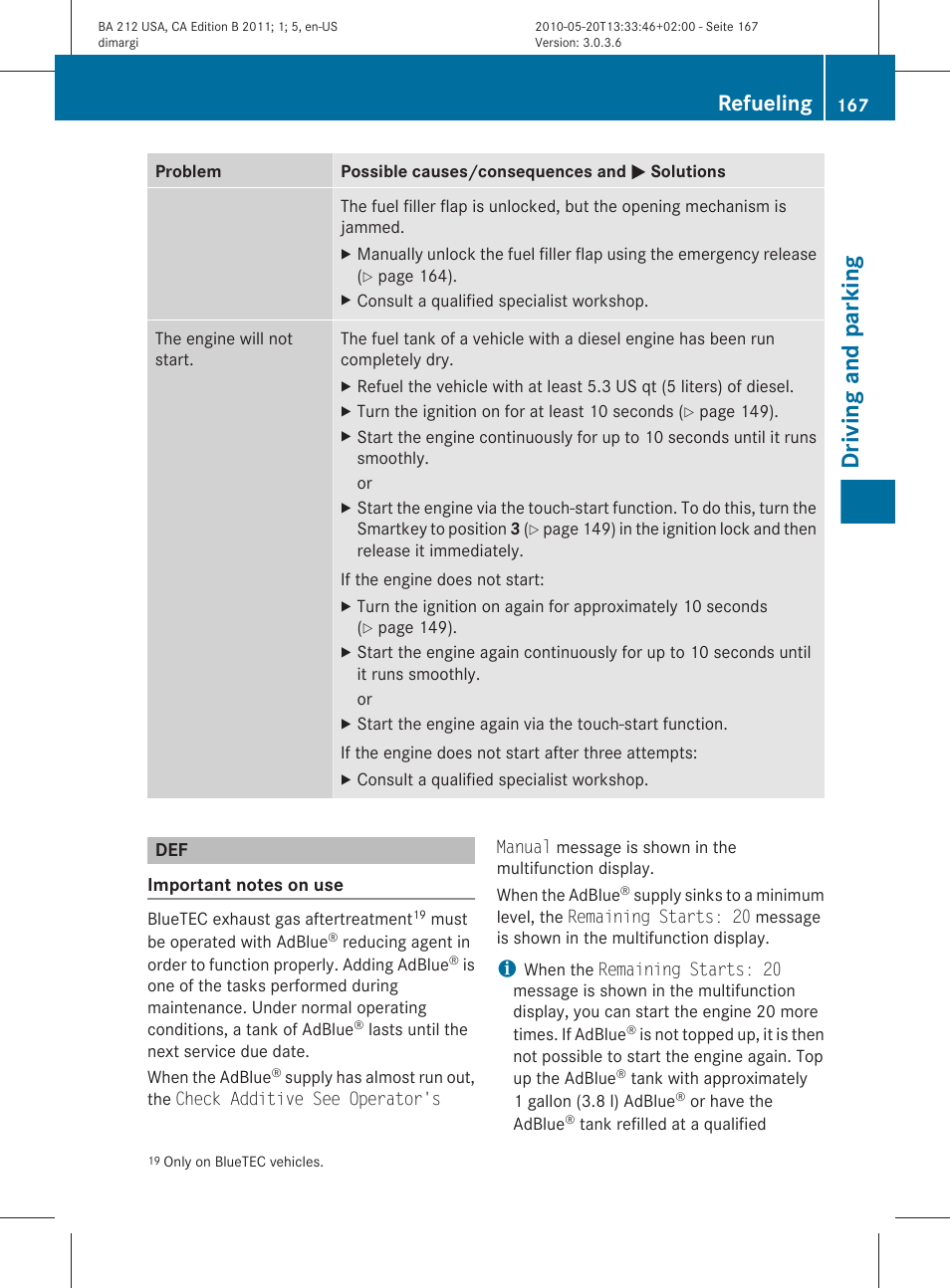 Driving and parking, Refueling | Mercedes-Benz 2011 E Class Sedan User Manual | Page 169 / 400