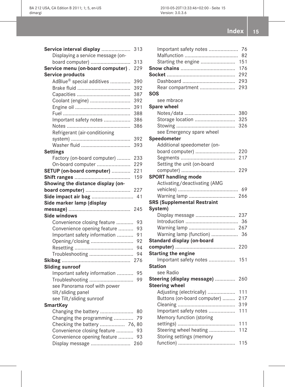 Index | Mercedes-Benz 2011 E Class Sedan User Manual | Page 17 / 400