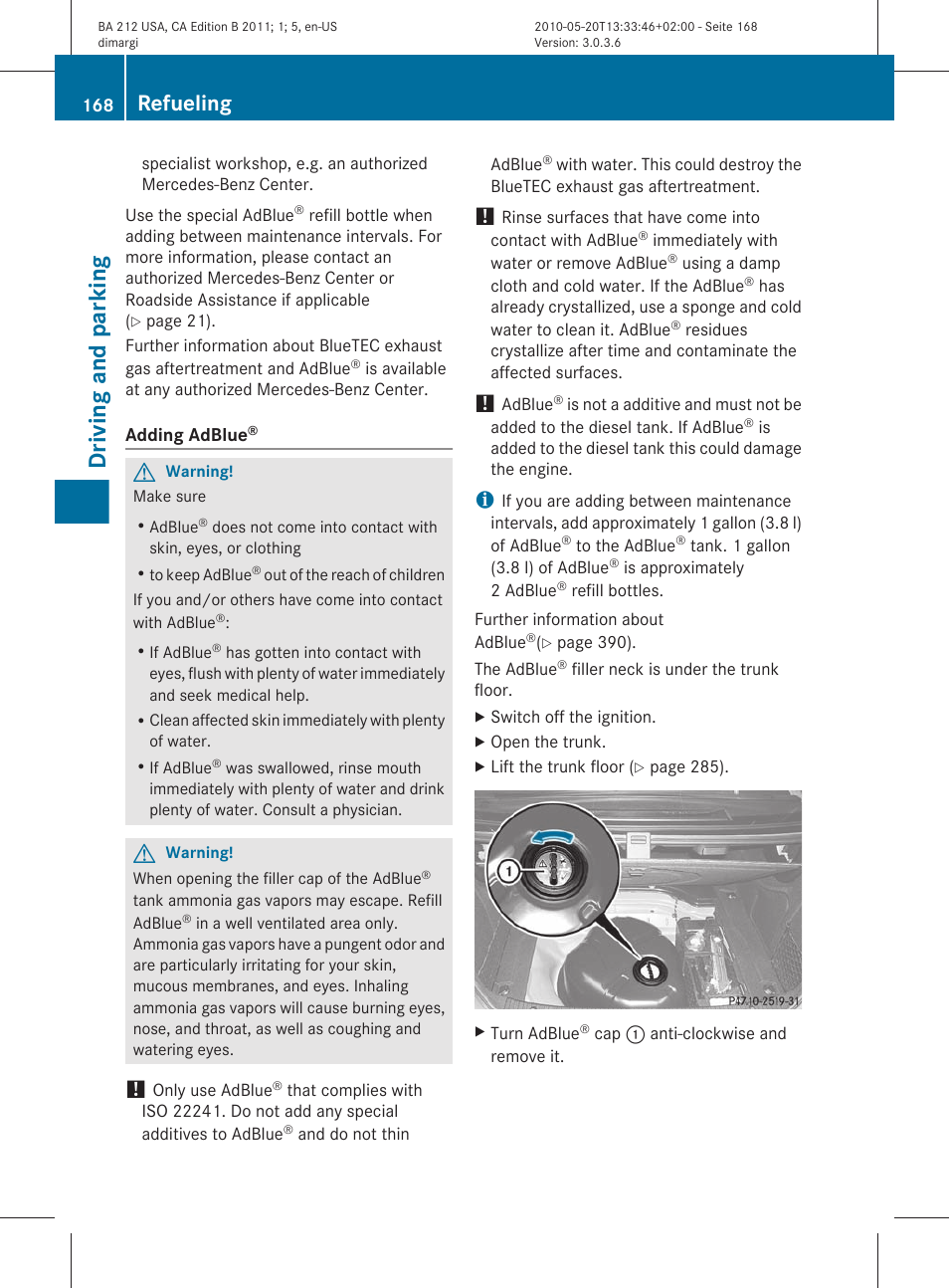 Driving and parking, Refueling | Mercedes-Benz 2011 E Class Sedan User Manual | Page 170 / 400