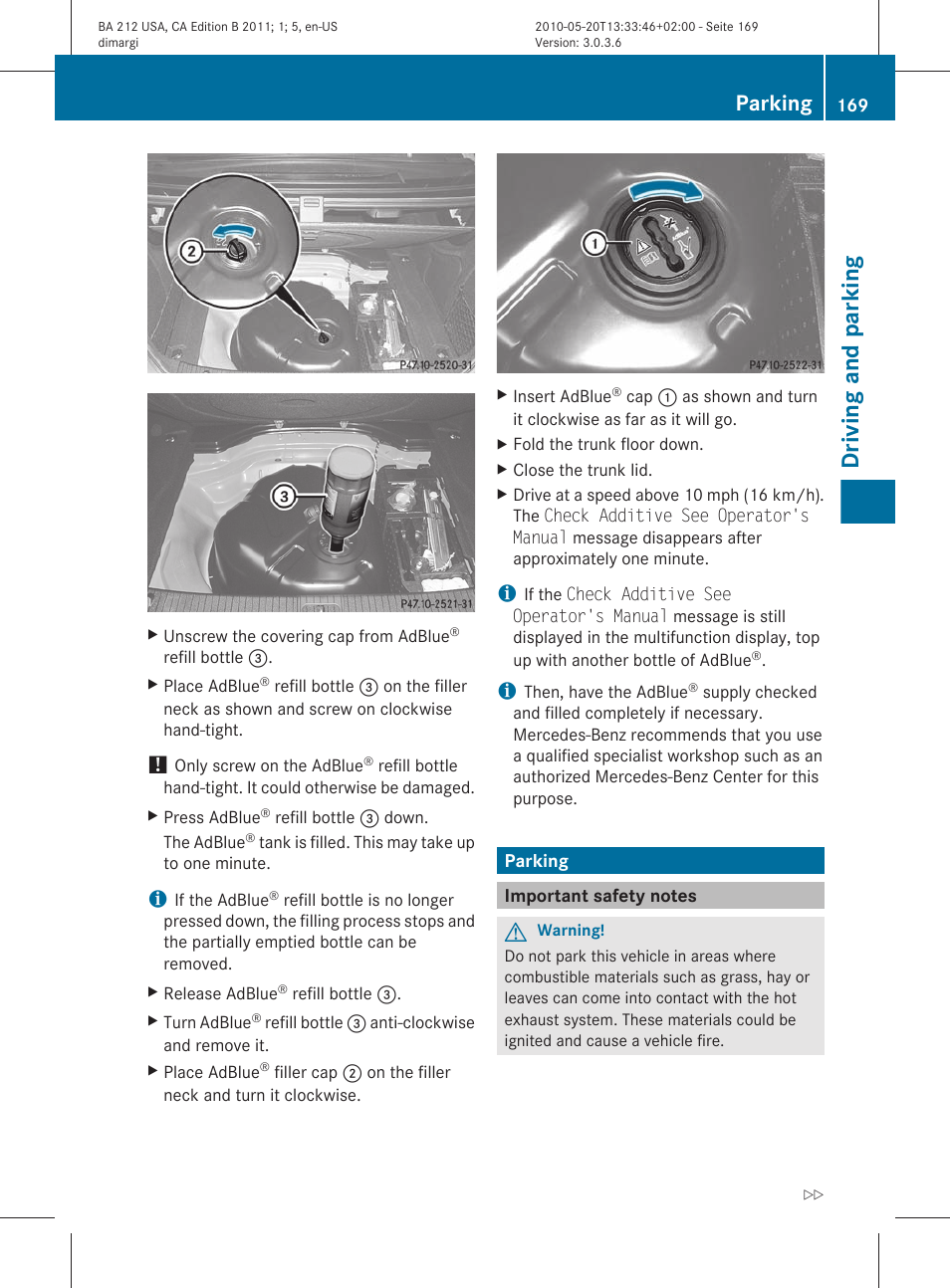 Parking, Important safety notes, Driving and parking | Mercedes-Benz 2011 E Class Sedan User Manual | Page 171 / 400