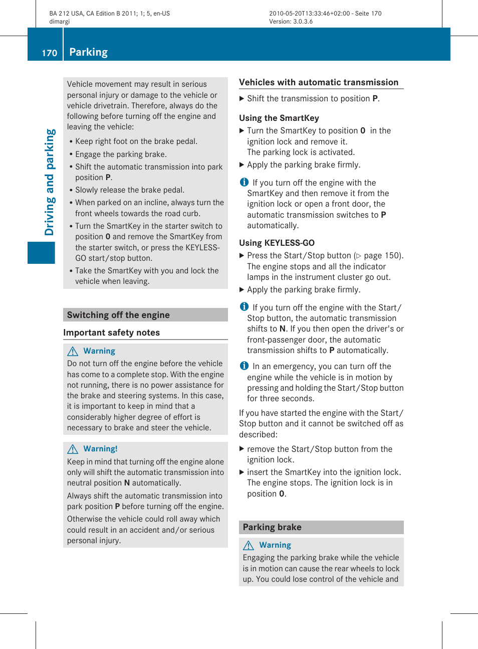 Switching off the engine, Parking brake, Driving and parking | Parking | Mercedes-Benz 2011 E Class Sedan User Manual | Page 172 / 400