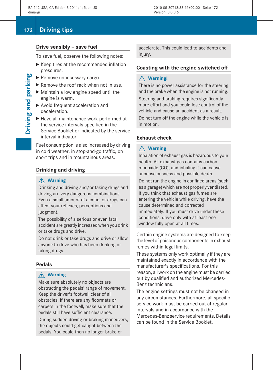 Driving and parking, Driving tips | Mercedes-Benz 2011 E Class Sedan User Manual | Page 174 / 400