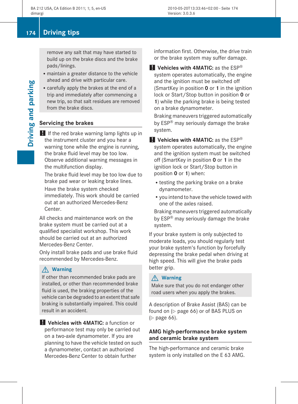 Driving and parking, Driving tips | Mercedes-Benz 2011 E Class Sedan User Manual | Page 176 / 400