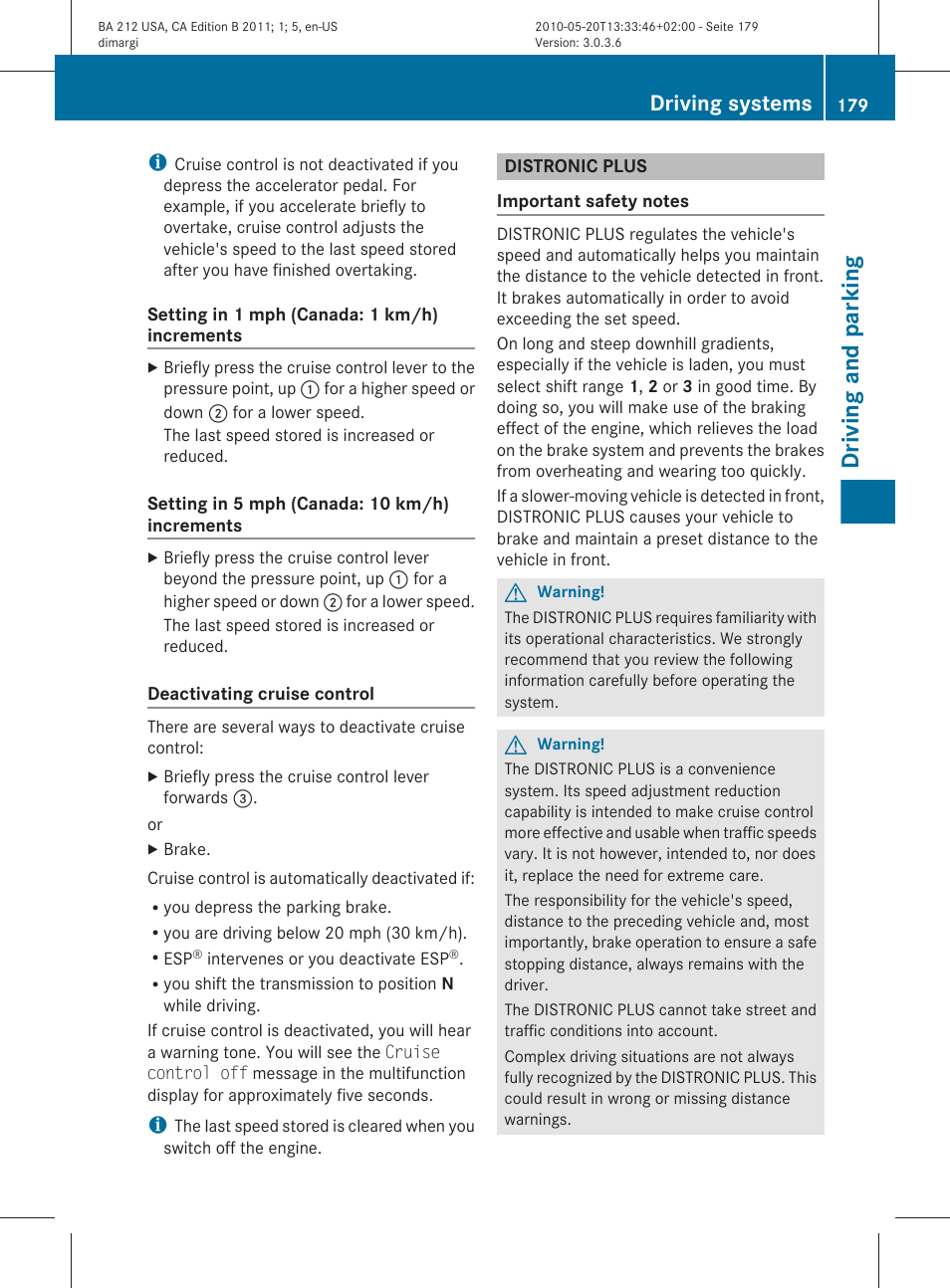 Distronic plus, Driving and parking, Driving systems | Mercedes-Benz 2011 E Class Sedan User Manual | Page 181 / 400