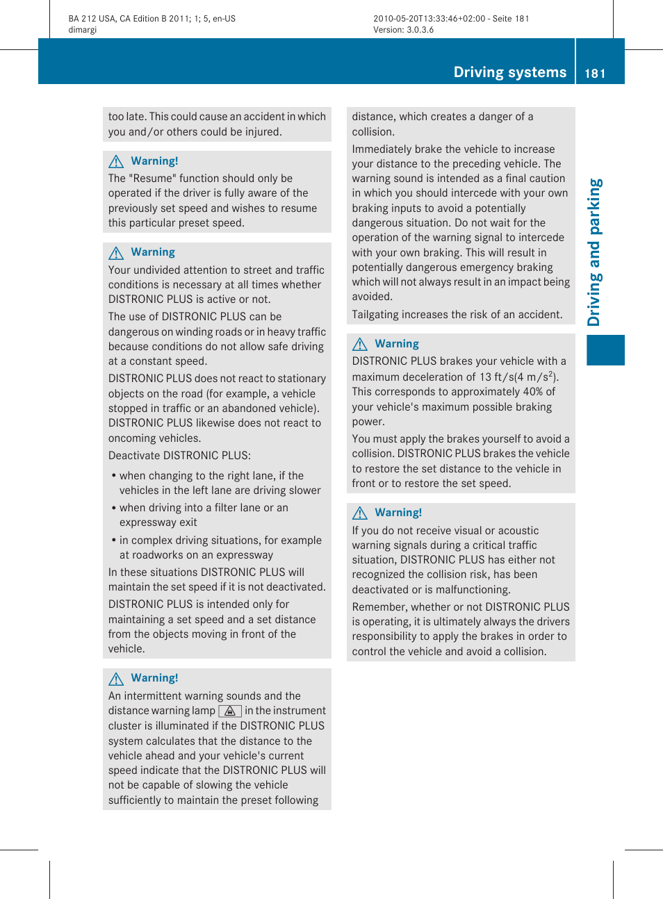 Driving and parking, Driving systems | Mercedes-Benz 2011 E Class Sedan User Manual | Page 183 / 400