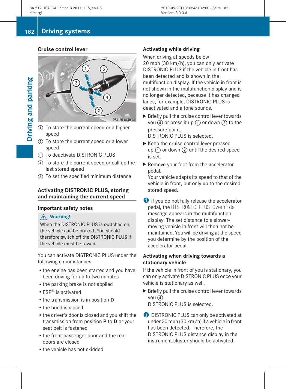 Driving and parking, Driving systems | Mercedes-Benz 2011 E Class Sedan User Manual | Page 184 / 400