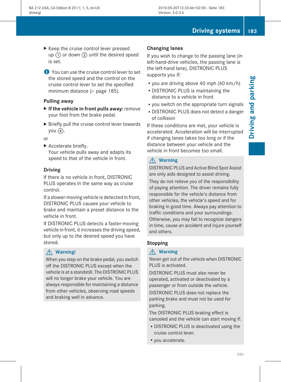 Driving and parking, Driving systems | Mercedes-Benz 2011 E Class Sedan User Manual | Page 185 / 400