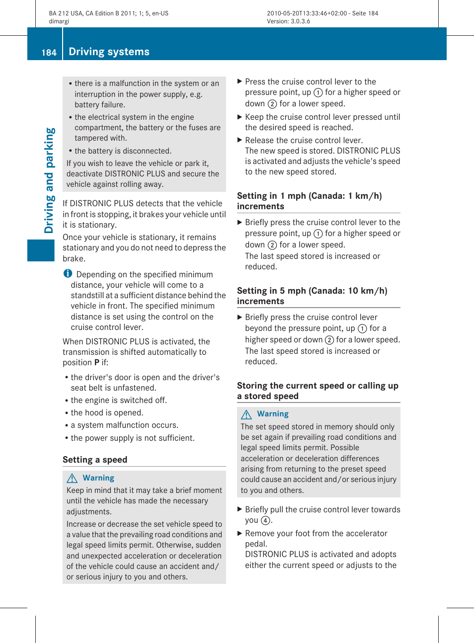 Driving and parking, Driving systems | Mercedes-Benz 2011 E Class Sedan User Manual | Page 186 / 400