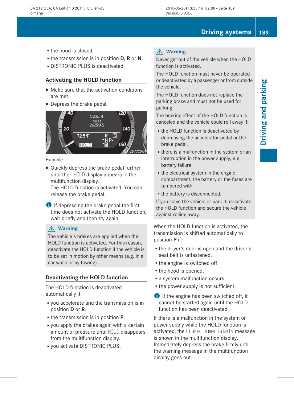 Driving and parking, Driving systems | Mercedes-Benz 2011 E Class Sedan User Manual | Page 191 / 400