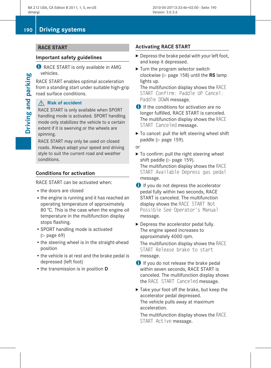 Race start, Start, Driving and parking | Driving systems | Mercedes-Benz 2011 E Class Sedan User Manual | Page 192 / 400