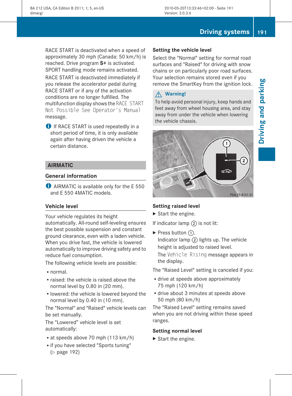 Airmatic, Driving and parking, Driving systems | Mercedes-Benz 2011 E Class Sedan User Manual | Page 193 / 400