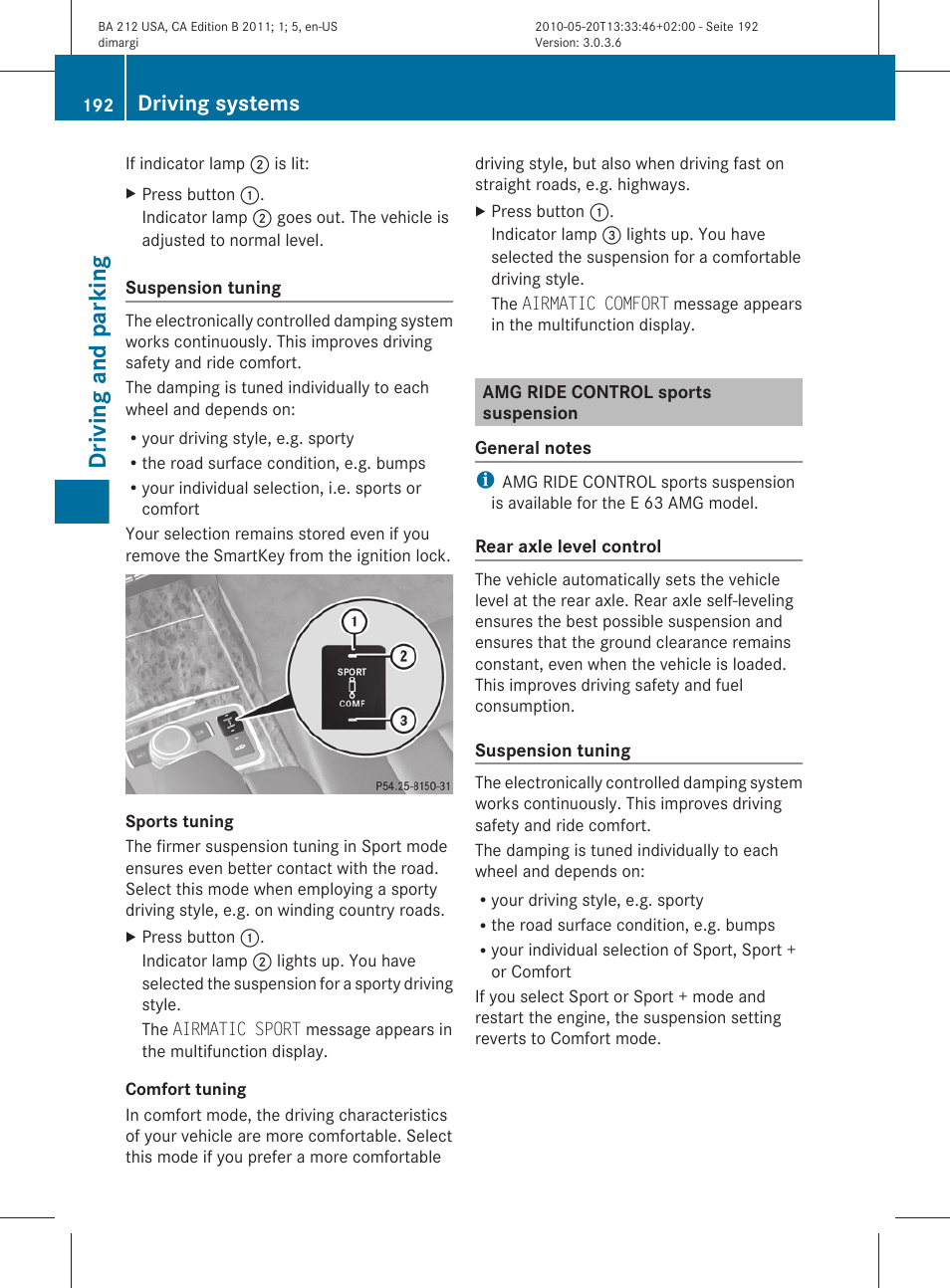 Amg ride control sports suspension, Driving and parking, Driving systems | Mercedes-Benz 2011 E Class Sedan User Manual | Page 194 / 400