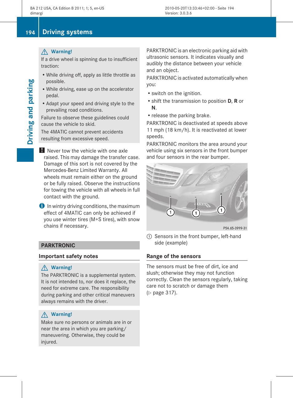 Parktronic, Driving and parking, Driving systems | Mercedes-Benz 2011 E Class Sedan User Manual | Page 196 / 400