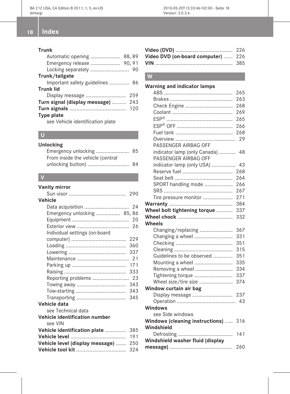 Index | Mercedes-Benz 2011 E Class Sedan User Manual | Page 20 / 400