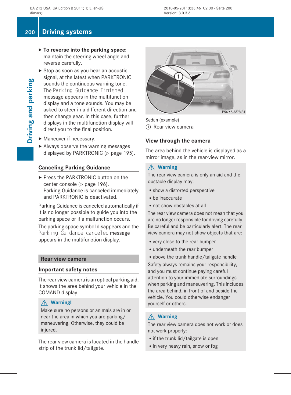 Rear view camera, Driving and parking, Driving systems | Mercedes-Benz 2011 E Class Sedan User Manual | Page 202 / 400