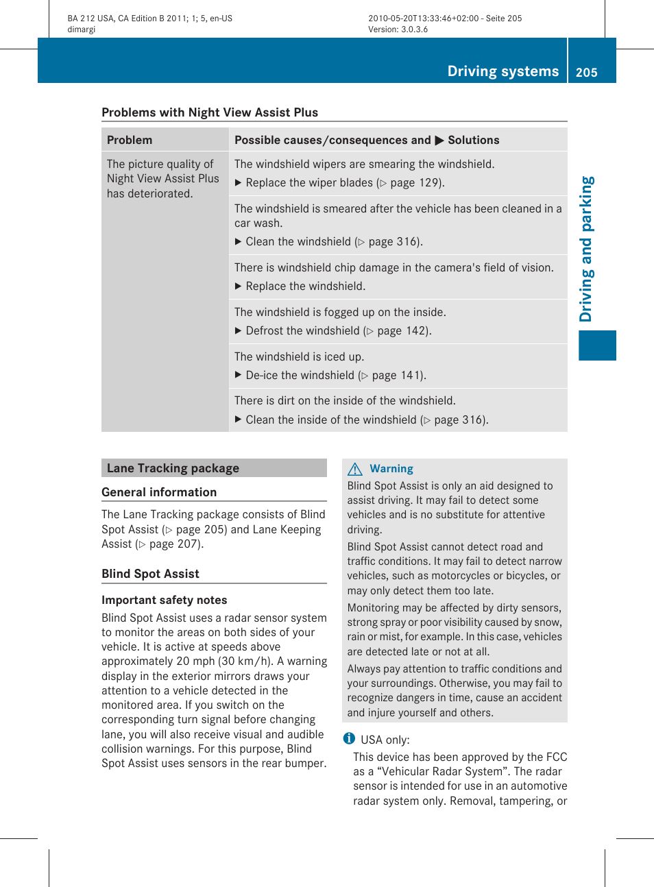 Lane tracking package, Driving and parking, Driving systems | Mercedes-Benz 2011 E Class Sedan User Manual | Page 207 / 400