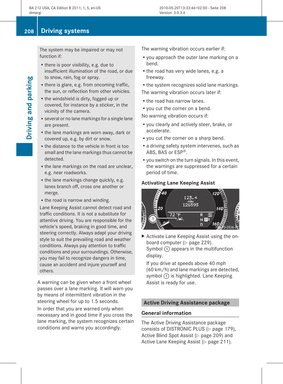 Active driving assistance package, Driving and parking, Driving systems | Mercedes-Benz 2011 E Class Sedan User Manual | Page 210 / 400