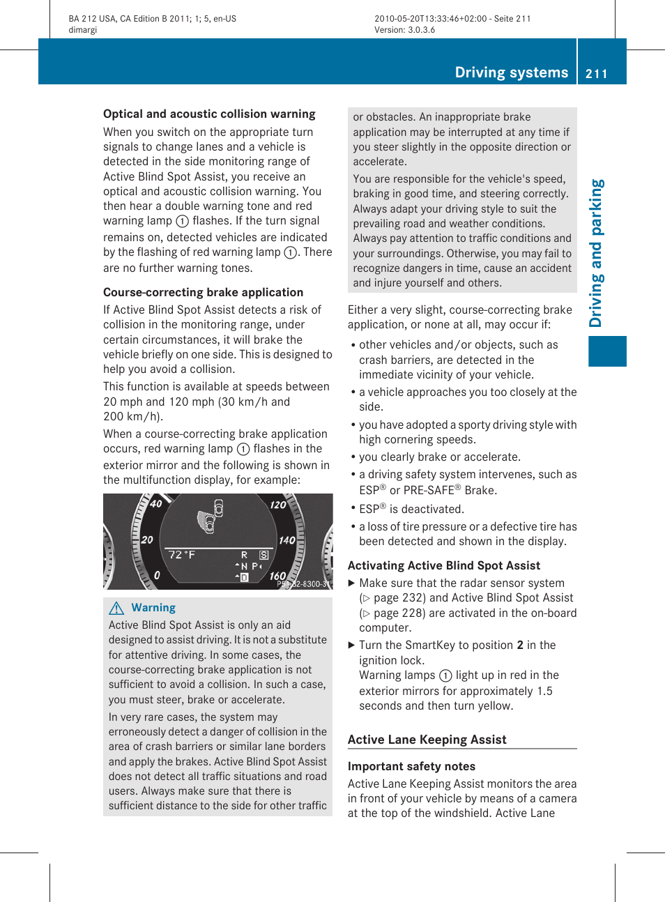 Driving and parking, Driving systems | Mercedes-Benz 2011 E Class Sedan User Manual | Page 213 / 400