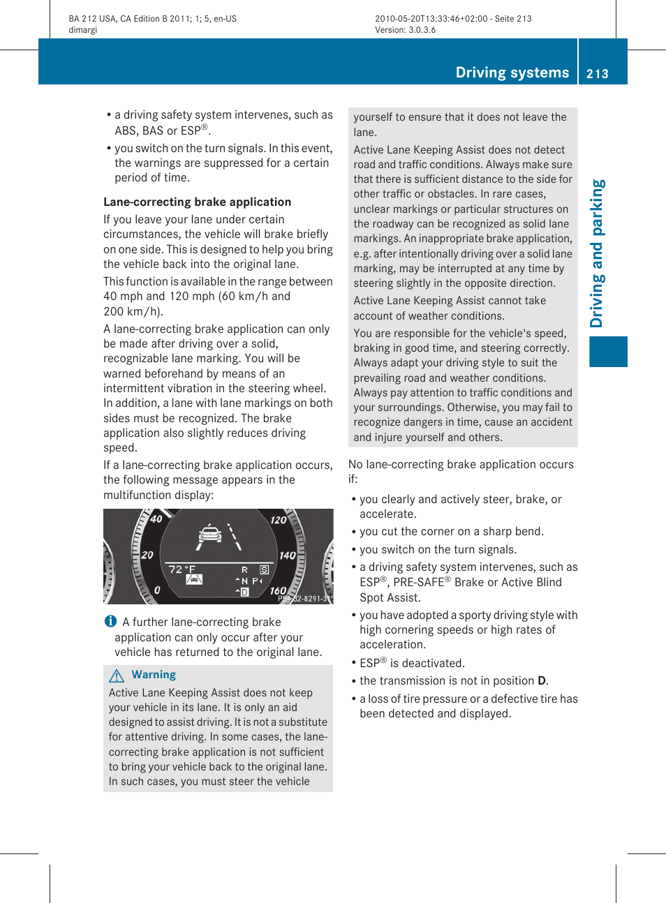 Driving and parking, Driving systems | Mercedes-Benz 2011 E Class Sedan User Manual | Page 215 / 400