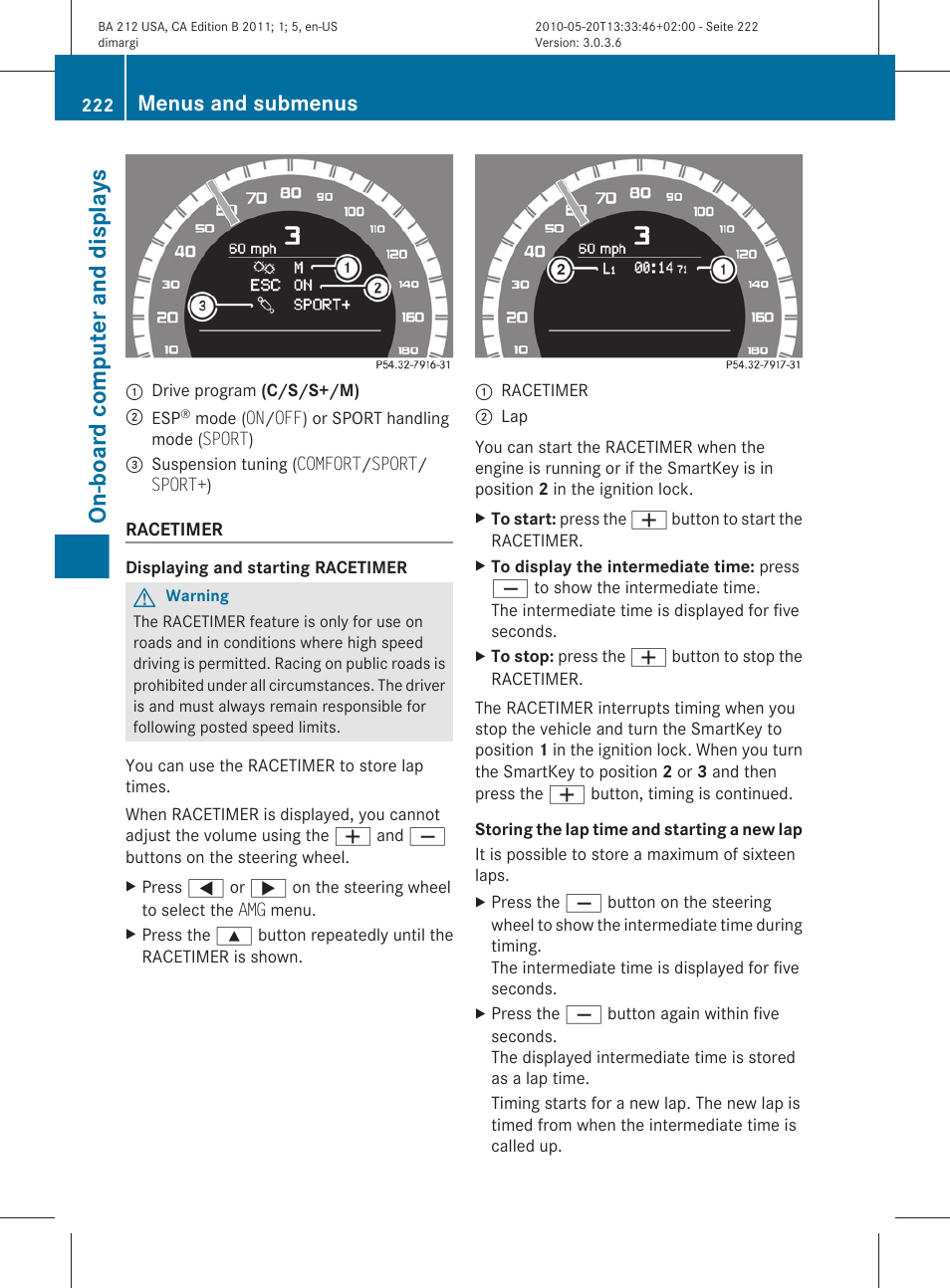 On-board computer and displays, Menus and submenus | Mercedes-Benz 2011 E Class Sedan User Manual | Page 224 / 400